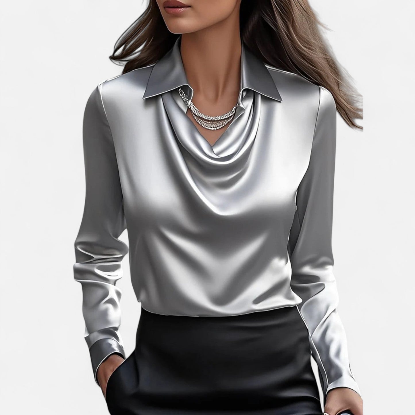 Old Monchester | Women’s Satin Blouse – Draped Neckline, Timeless Elegance