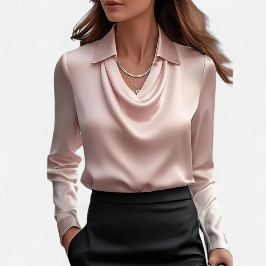 Old Monchester | Women’s Satin Blouse – Draped Neckline, Timeless Elegance