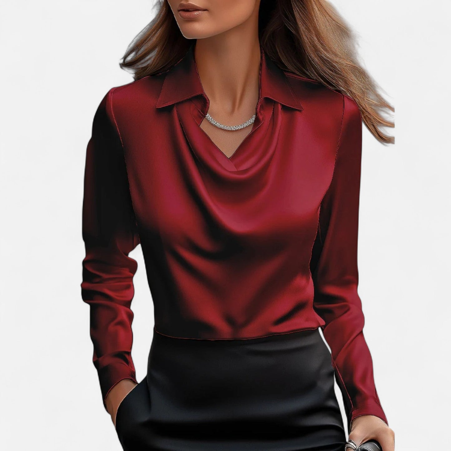 Old Monchester | Women’s Satin Blouse – Draped Neckline, Timeless Elegance