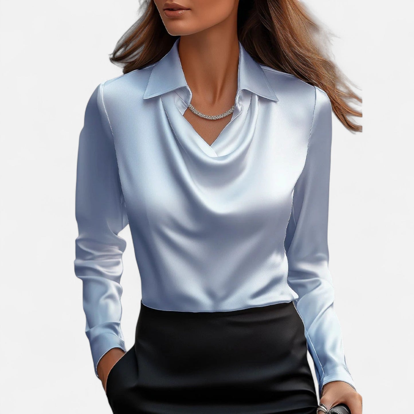 Old Monchester | Women’s Satin Blouse – Draped Neckline, Timeless Elegance