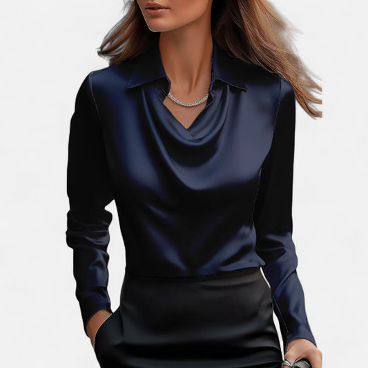 Old Monchester | Women’s Satin Blouse – Draped Neckline, Timeless Elegance