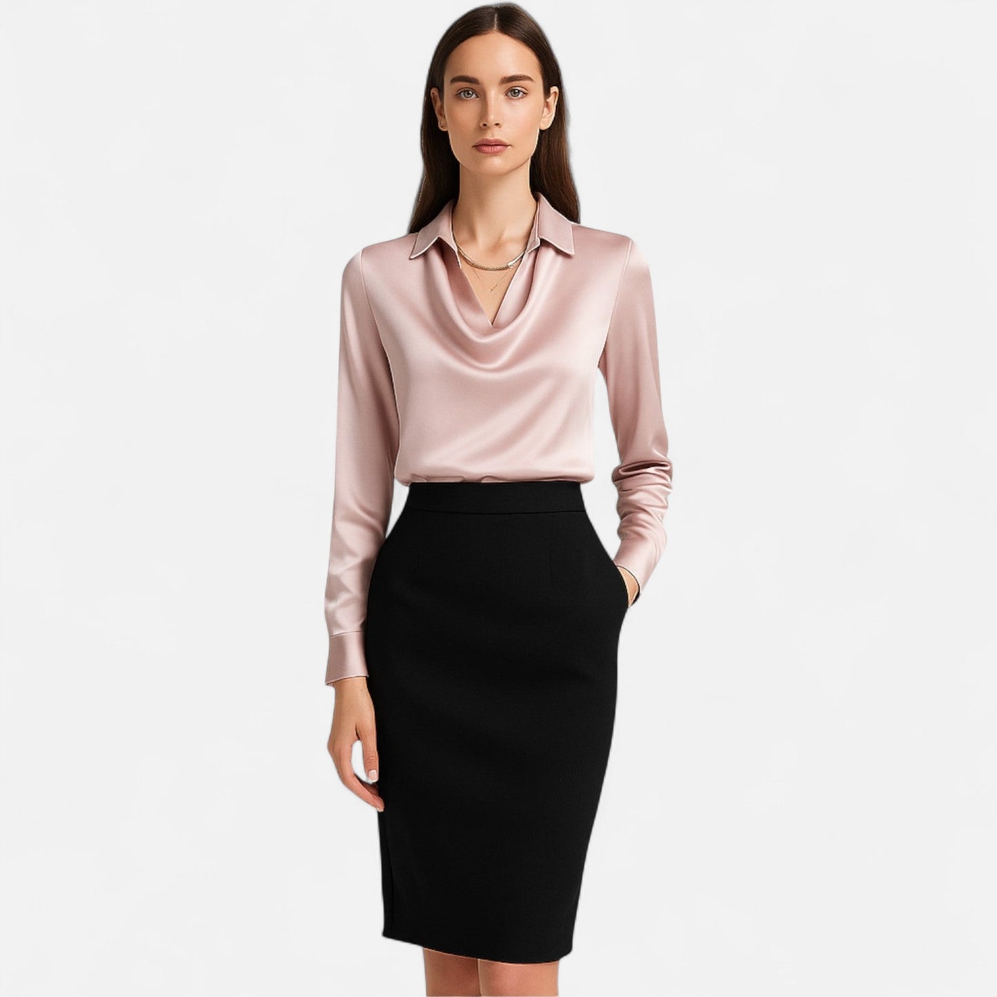 Old Monchester | Women’s Satin Blouse – Draped Neckline, Timeless Elegance