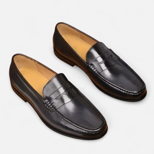 Old Monchester | Men’s Leather Penny Loafers – Black Slip-On Elegance