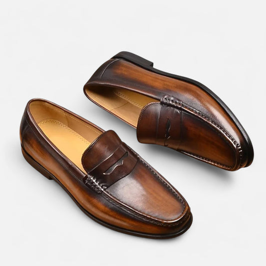 Old Monchester | Men’s Leather Penny Loafers – Black Slip-On Elegance
